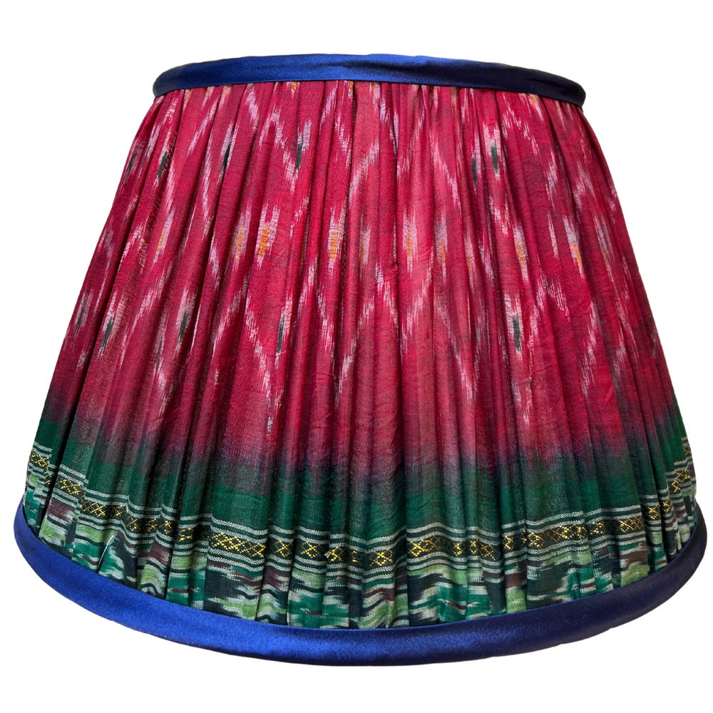 36cm Red, Blue & Green Silk Sari Lampshade with Blue Trim