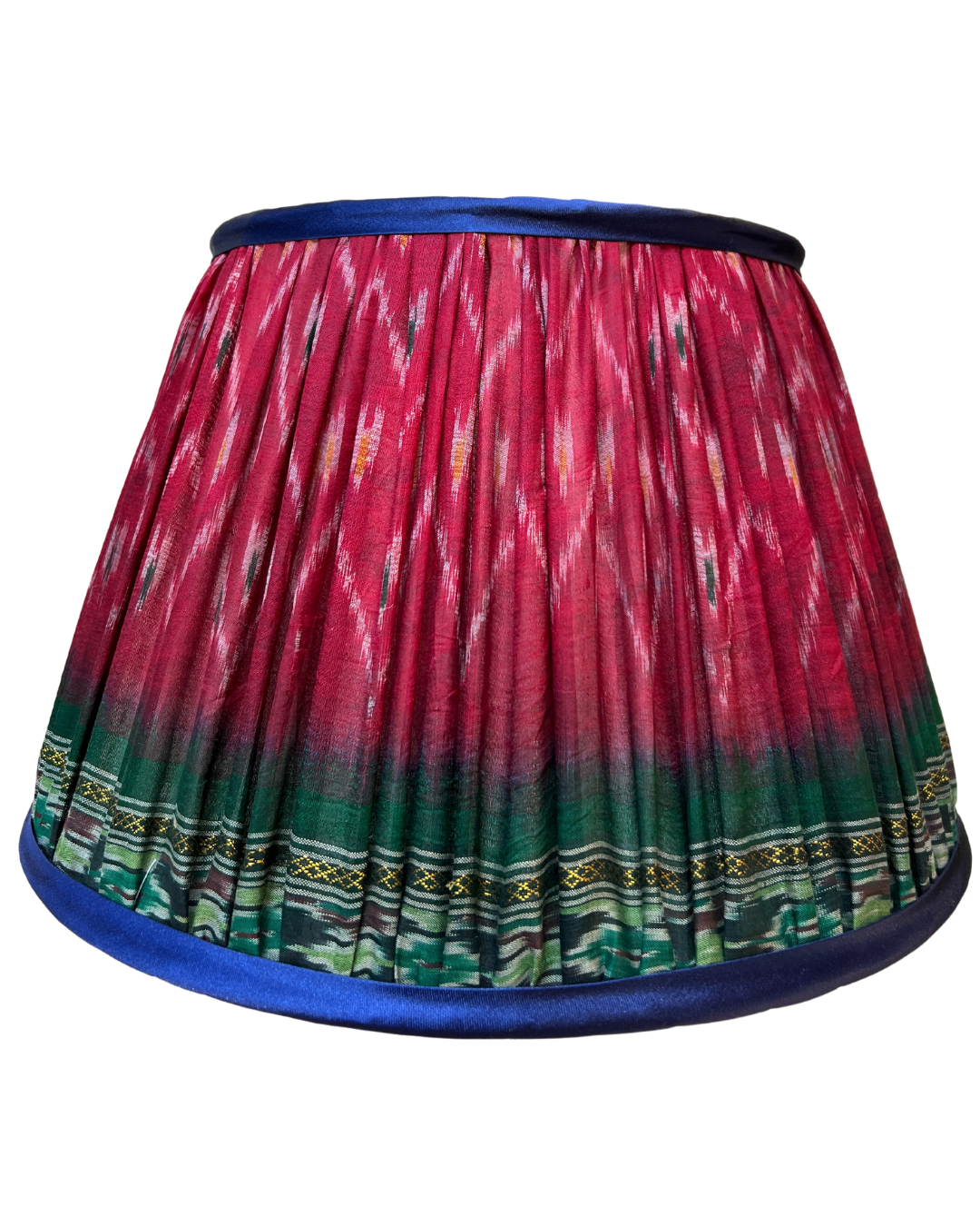 36cm Red, Blue & Green Silk Sari Lampshade with Blue Trim