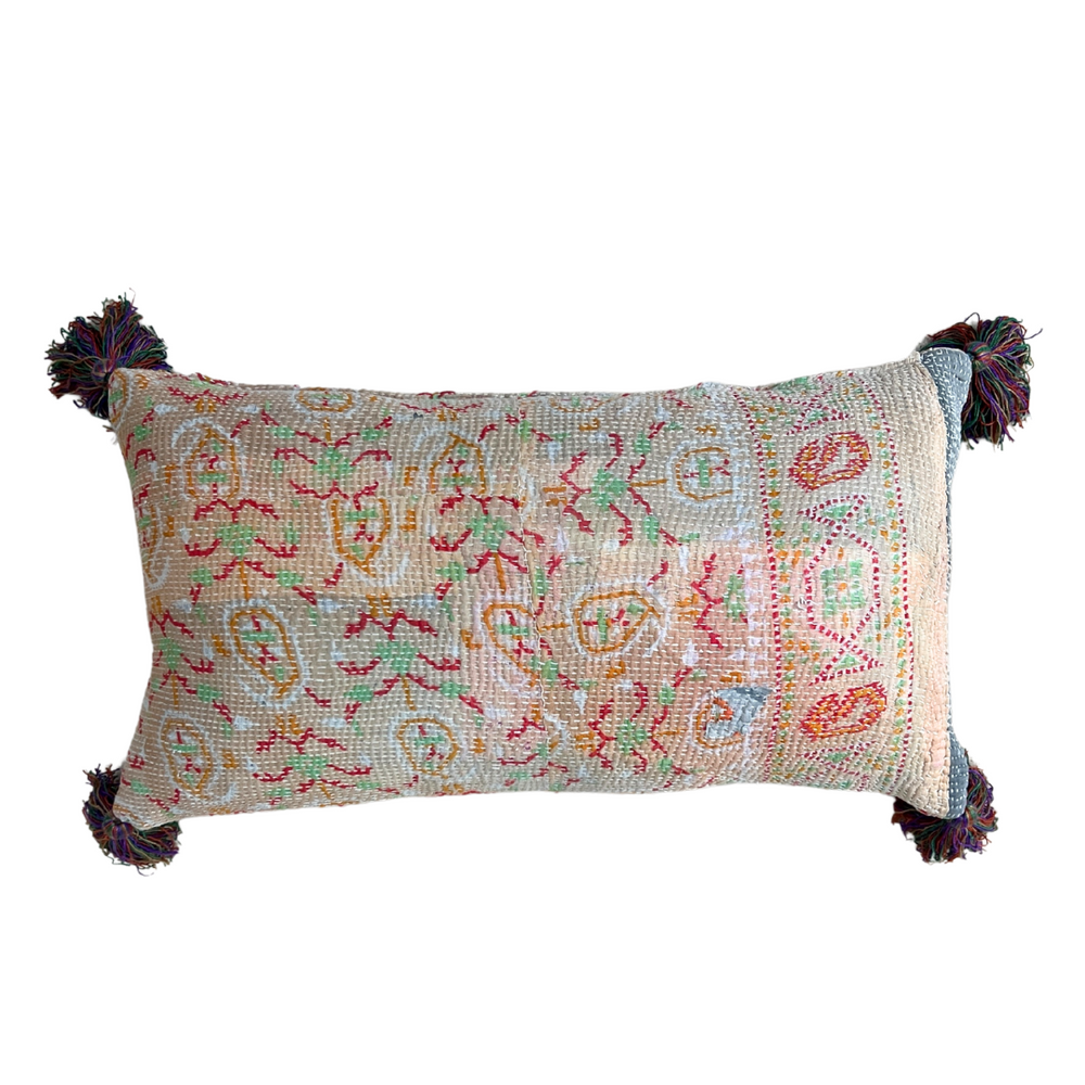 Peach Kantha Cushion with Multi Tassels