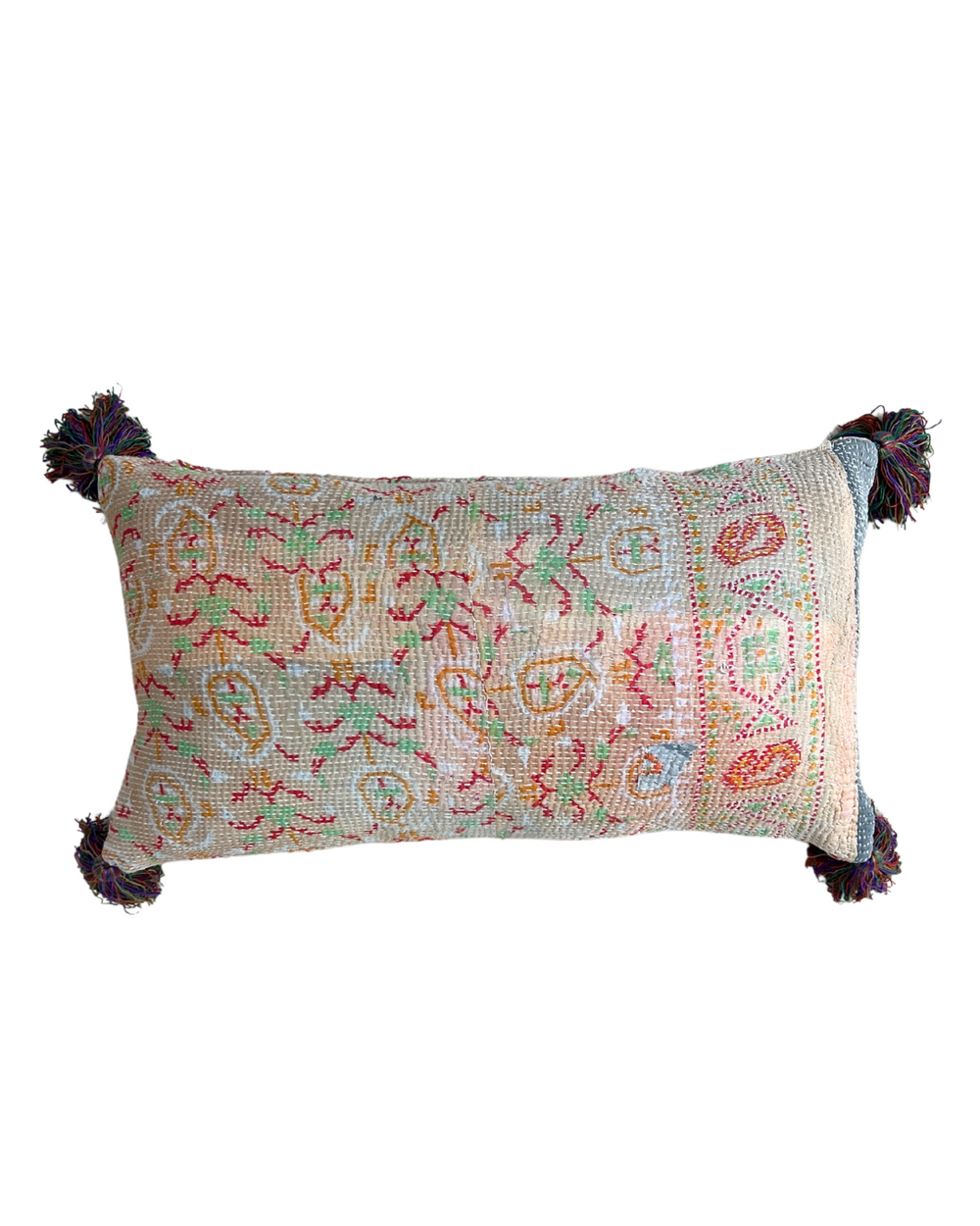 Peach Kantha Cushion with Multi Tassels