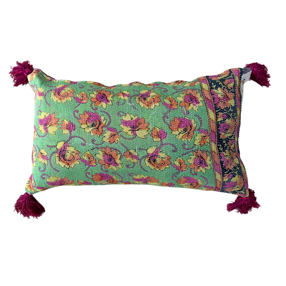 Pink & Green Kantha Cushion with Pink Tassels