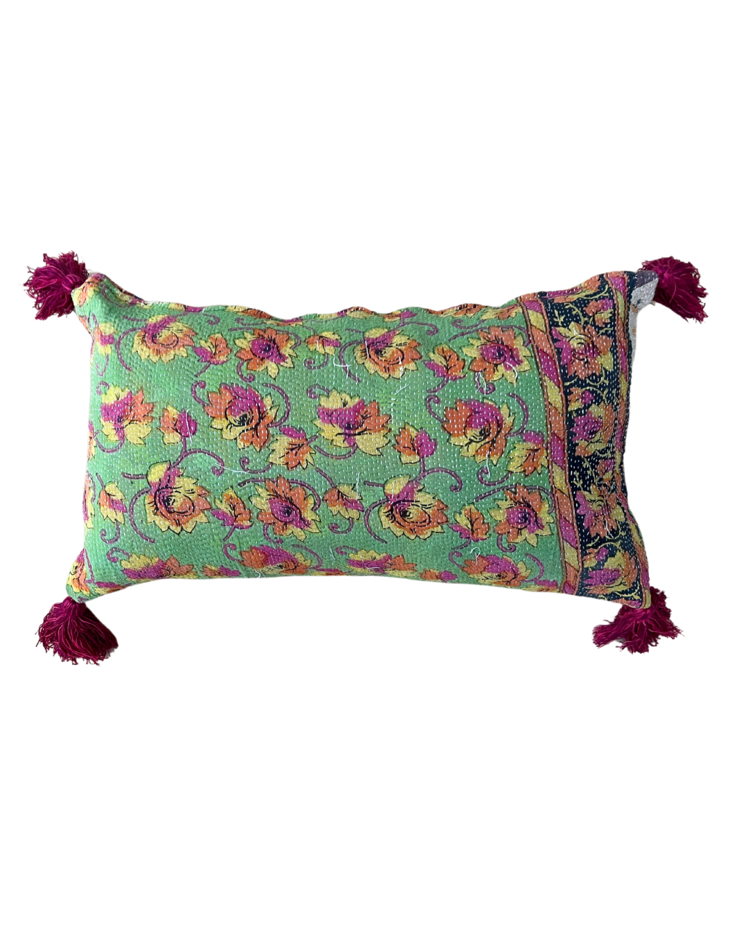 Pink & Green Kantha Cushion with Pink Tassels