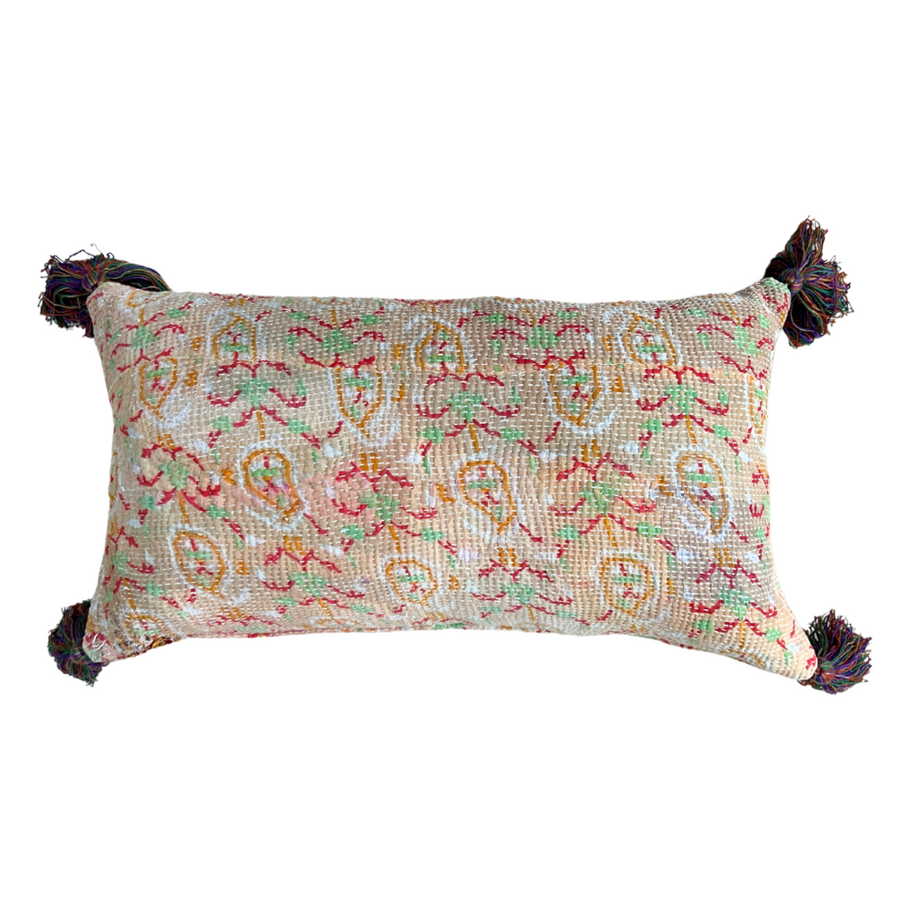 Peach Kantha Cushion with Multi Tassels