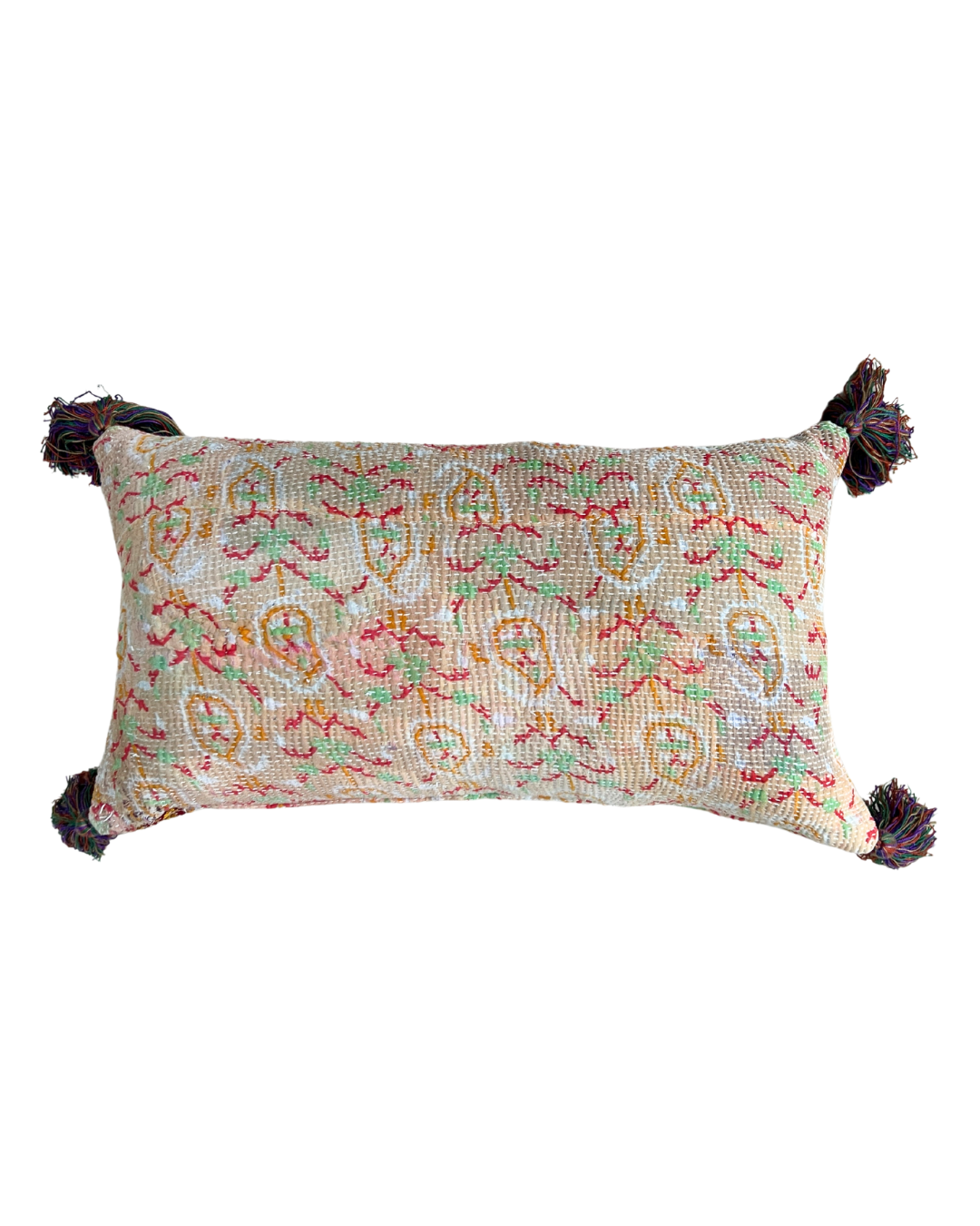 Peach Kantha Cushion with Multi Tassels