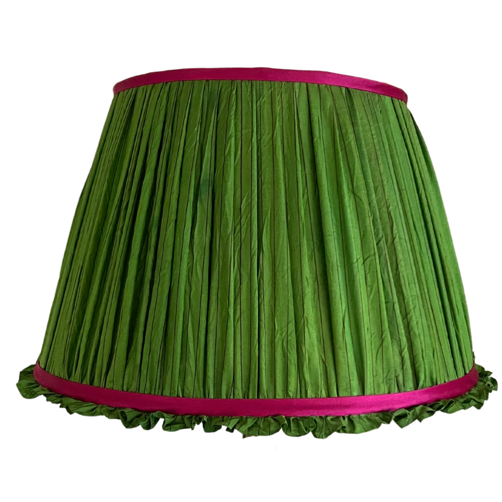 36cm Green Frilly Silk Sari Lampshade with Pink Trim