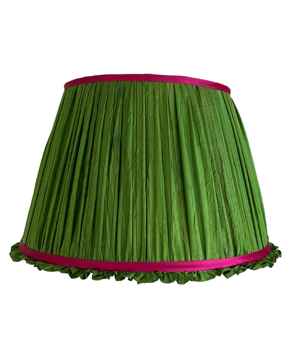 36cm Green Frilly Silk Sari Lampshade with Pink Trim