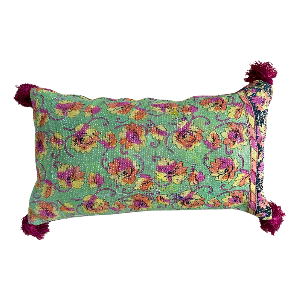 Pink & Green Kantha Cushion with Pink Tassels