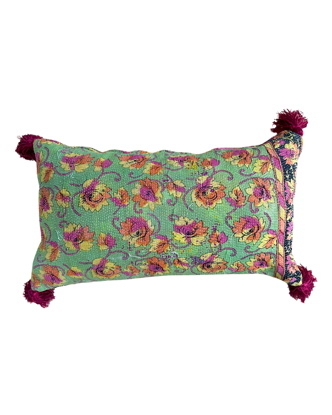 Pink & Green Kantha Cushion with Pink Tassels