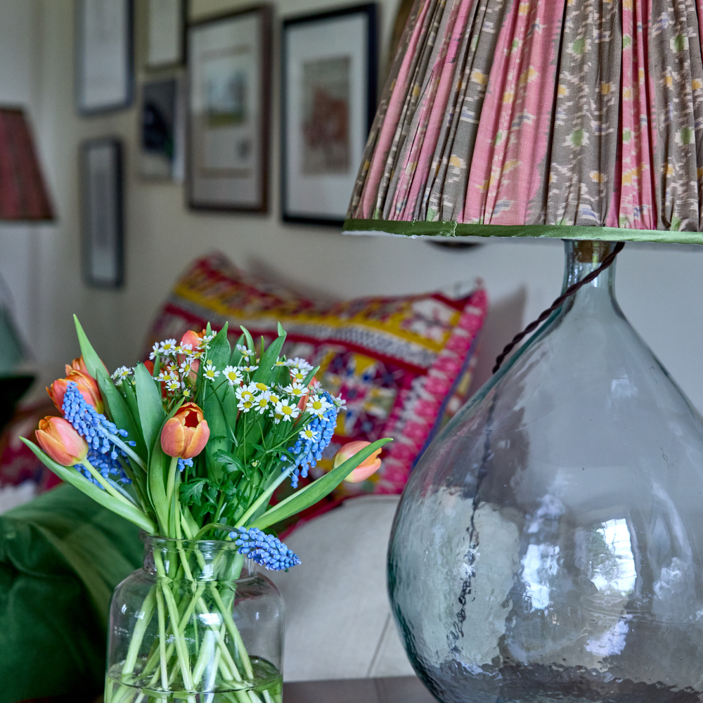 
                      
                        41cm Pink, Brown and Green Silk Sari Lampshade
                      
                    