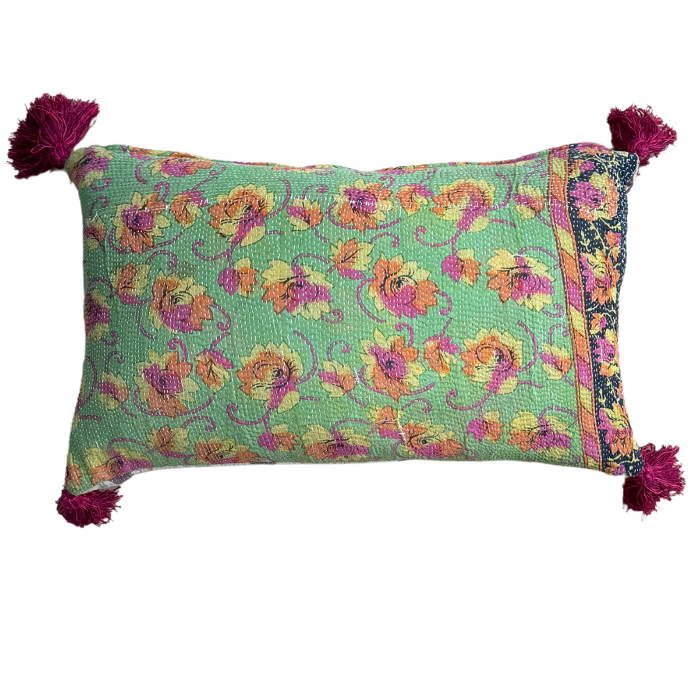 
                      
                        Purple & Green Kantha Cushion with Pink Tassels
                      
                    