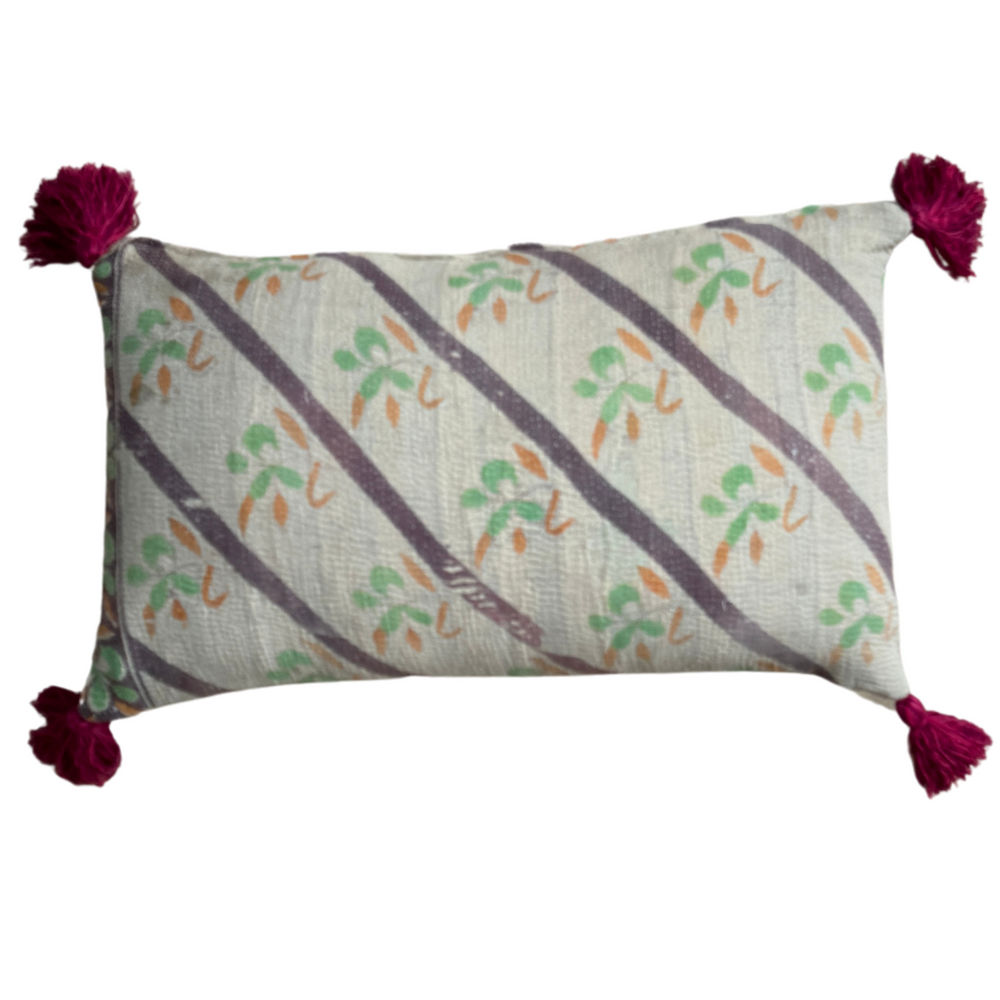 Purple & Green Kantha Cushion with Pink Tassels