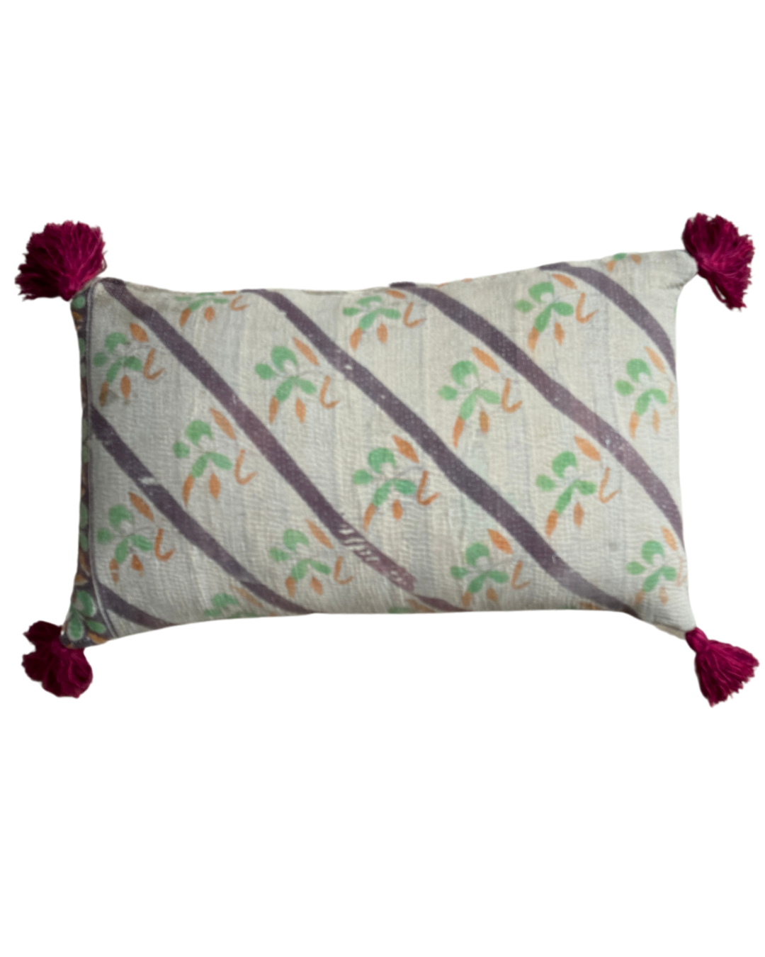 Purple & Green Kantha Cushion with Pink Tassels