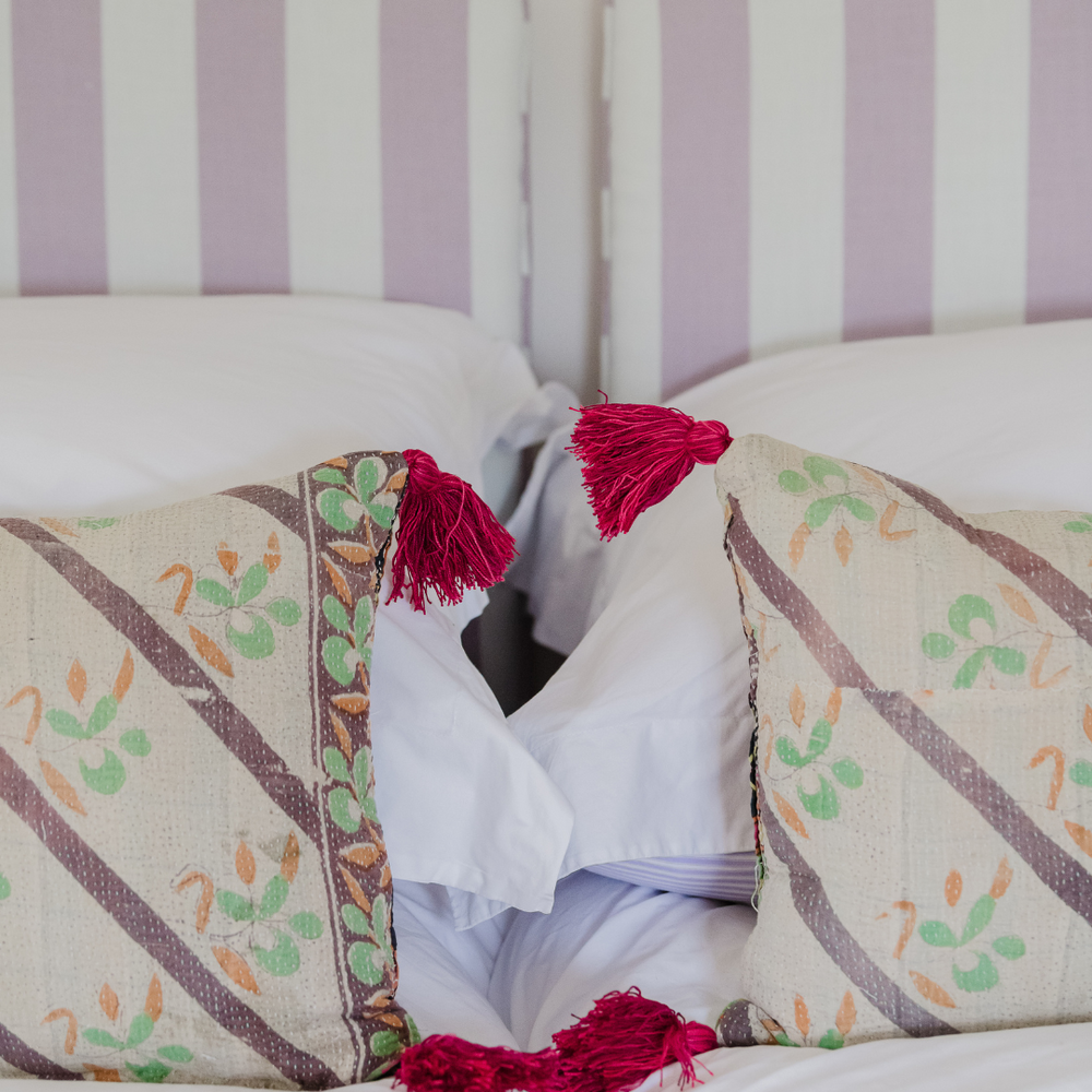 Purple & Green Kantha Cushion with Pink Tassels