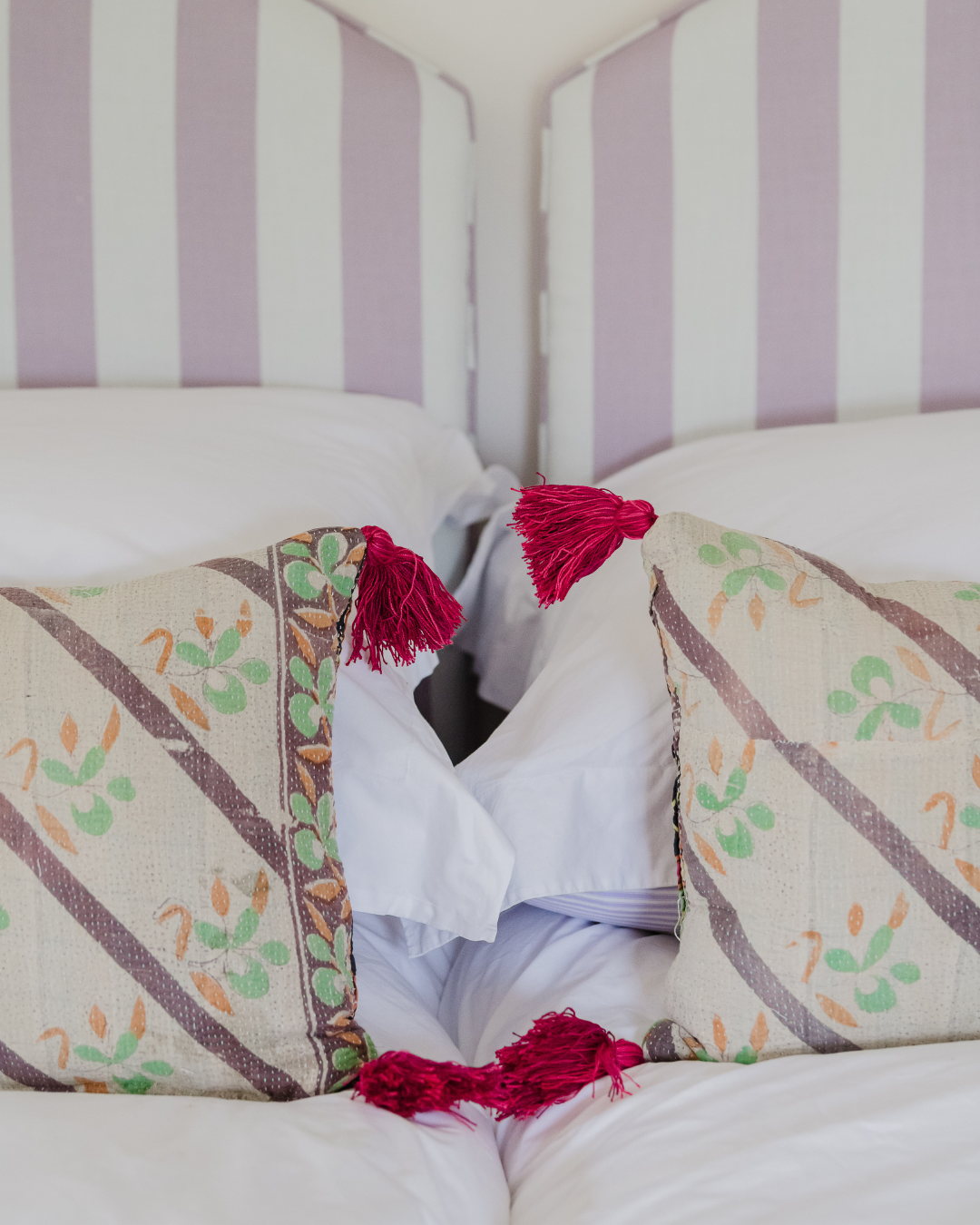 Purple & Green Kantha Cushion with Pink Tassels