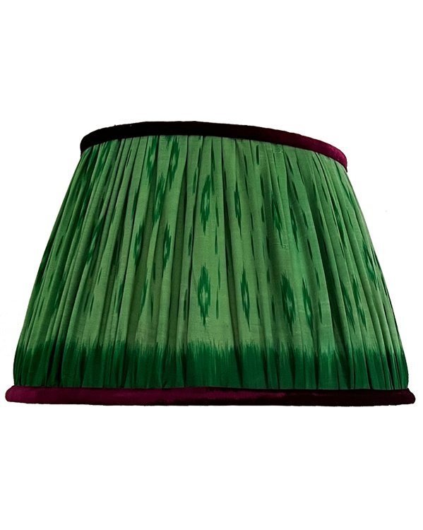 36cm Green Silk Sari Lampshade (purple velvet ribbon)